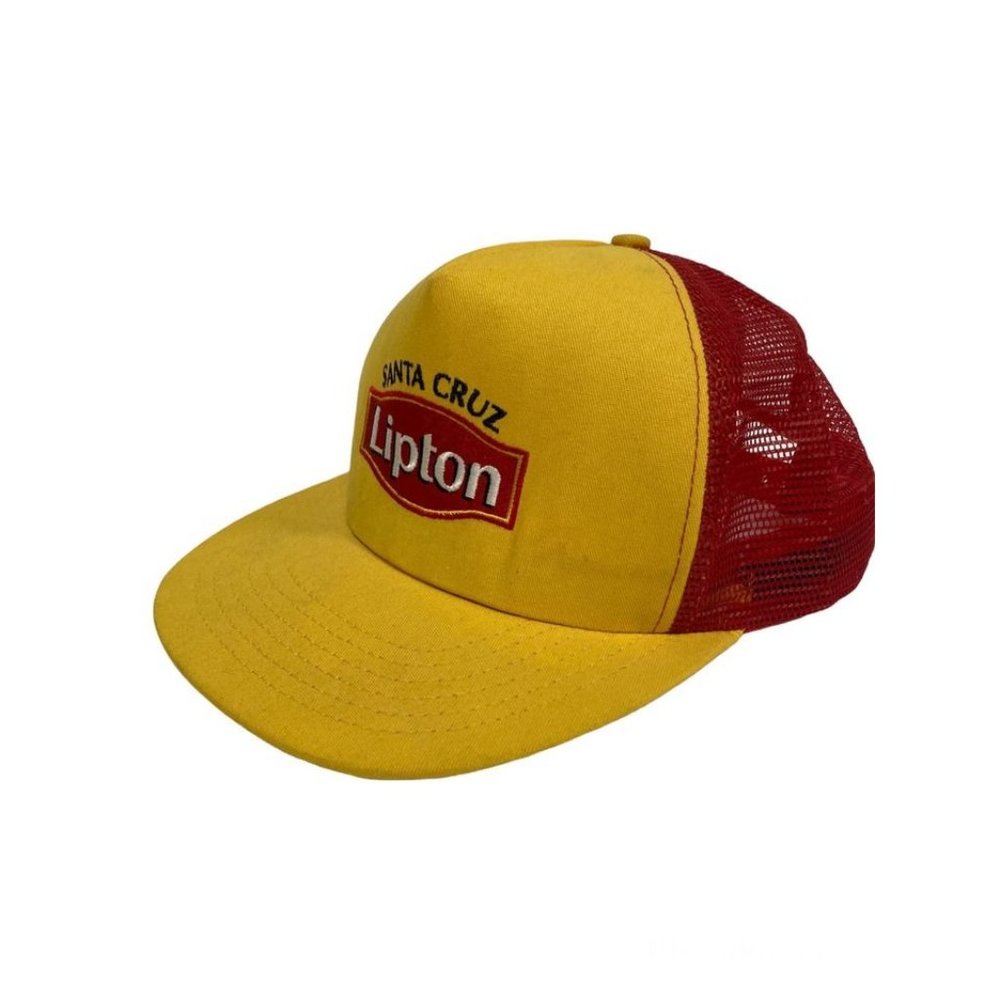 Vintage Lipton Tea Santa Cruz Factory Mesh Back Snap Back Trucker Hat Yellow Red